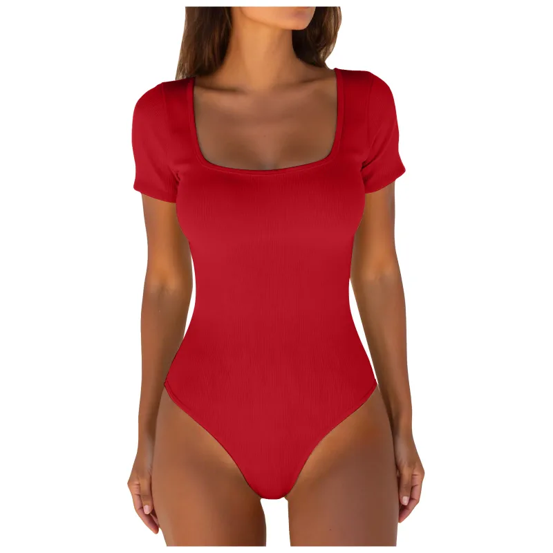 Sexy Bodysuits One-Piece Ribbed Square Neck Short Sleeve Bodysuits Women's Tummy Control Knitted Bottoming Tops Body Shaper — image 8