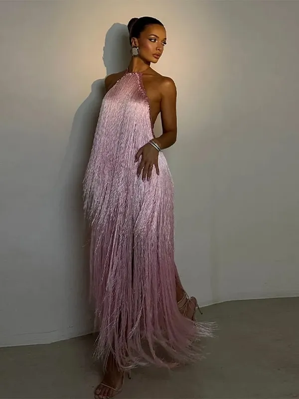 Party Women's Dress Halter Sleeveless Backless Tassel Solid Female Long Holiday Dresses 2026 Summer Fashion Elegant Lady Robe — image 1