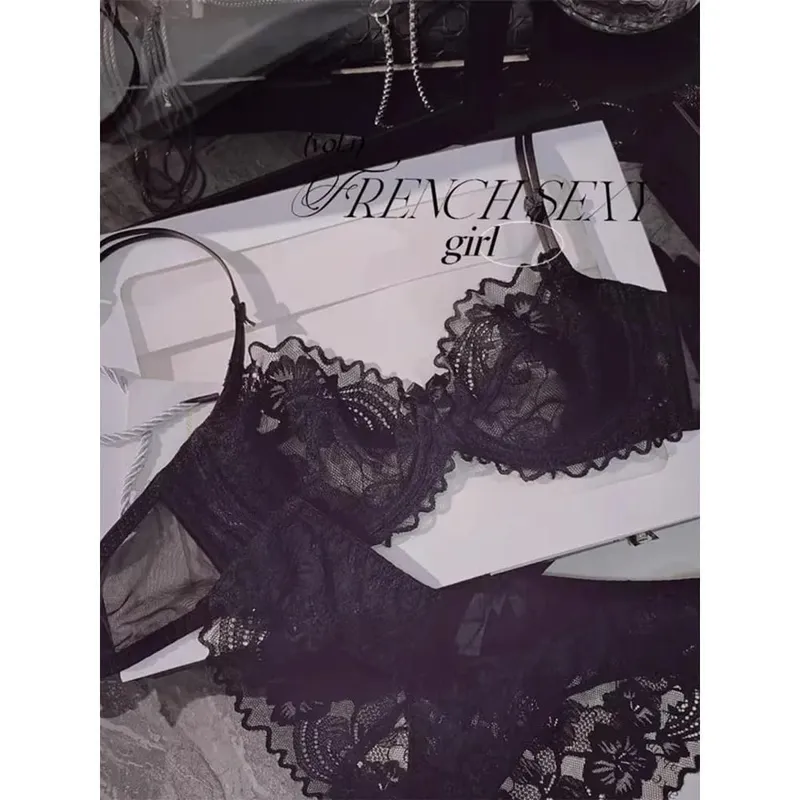 Minimal French Thin Perspective Lace Lingerie Set Underwire Beauty Back Large Bust Minimizer Side Shaping Anti Sagging Bra Set — image 4