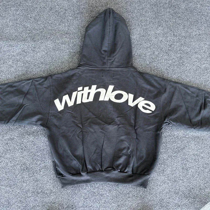 Men's With Love Cursive Text Graphic Hoodie Sweatshirt Oversized Streetwear Pullover Casual Autumn Winter Hooded Top — image 4