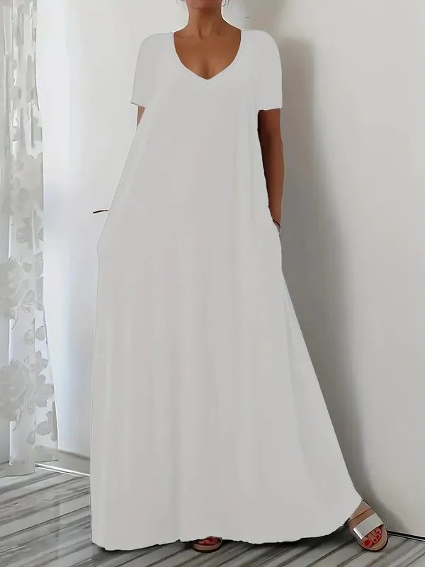 Plus Size Summer new long skirt casual loose short sleeved solid color V-neck plus size dress for women — image 5
