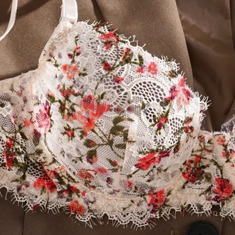 Soutien-gorge Ultra fin en dentelle florale, sans doublure, ensemble slip, sous-vêtements avec anneau en acier, transparent, Lingerie Sexy, brassière pour femmes, été — image 4