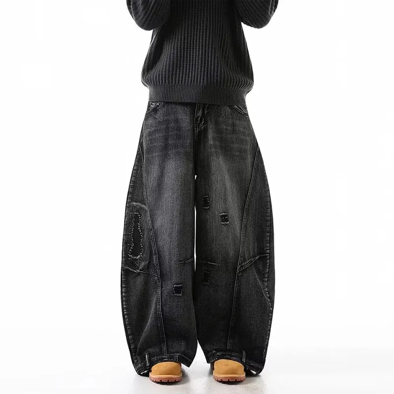 Korean Retro Plus Size Ripped Jeans Men'S Wide Leg Curved Pants Fashionable Casual Loose Straight Leg Pants — image 3