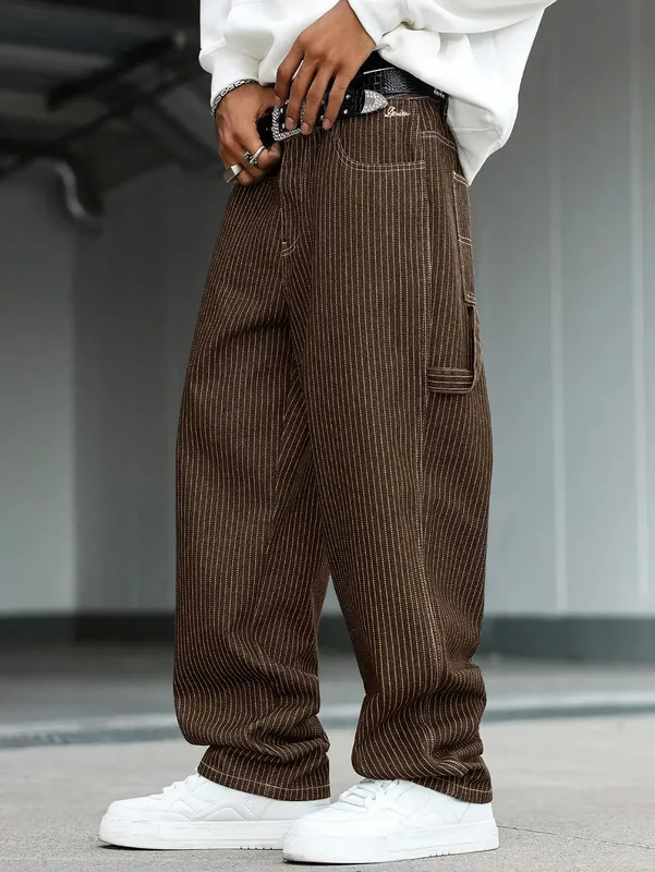 Men's vintage brown-and-white thin pinstripe loose wide-leg denim trousers Y2K workwear street-style unisex casual jeans — image 5