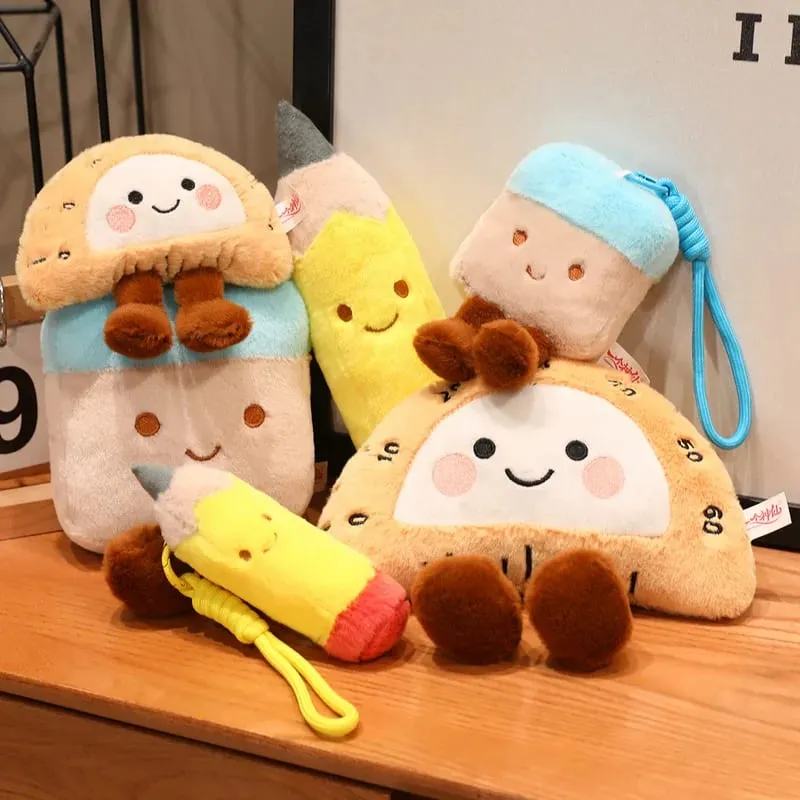 13/20cm Pencil Case Stationery Plush Humanoid Toy Stuffed Kawaii Eraser Ruler Doll Pendant with Loop Plushie Decor for Bag
