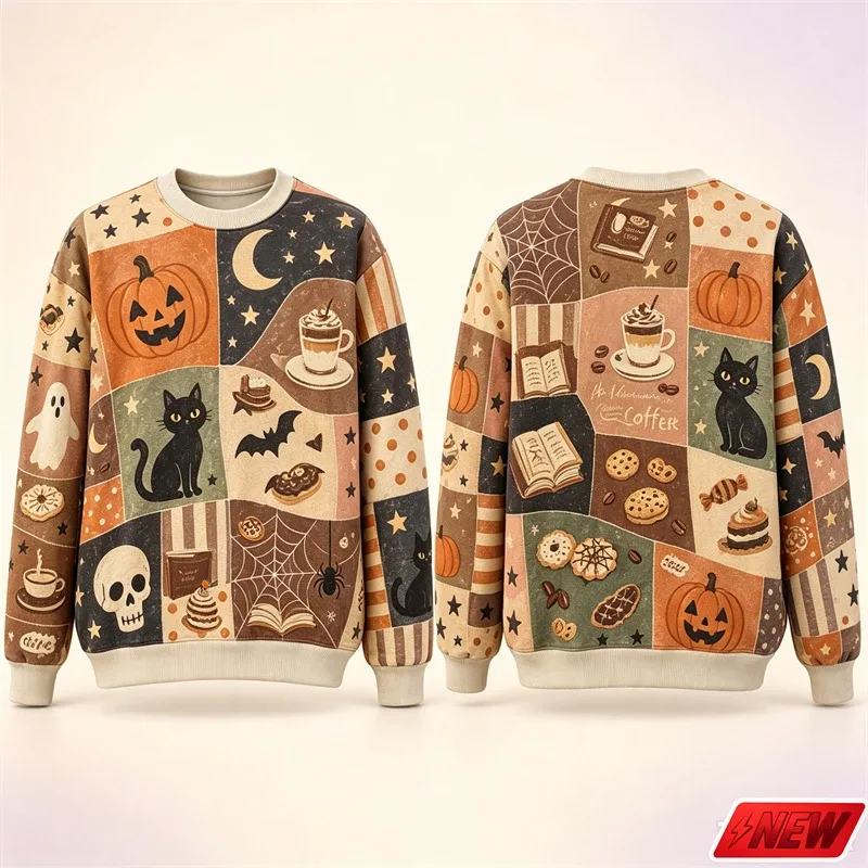 Halloween Splicing Patterns Sweatshirt Men 3D Print Pumpkin Cat Long Sleeve Pullover Hoodie Quick Dry Holiday Costume Top Unisex — image 8