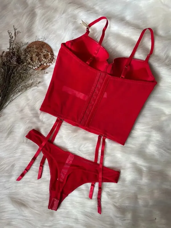 Wriufred Sexy Glossy Gathering Bra Panties Set Leather Small Bone Shaped Body Shaper Waist Underwear Set Red Bralette — image 5