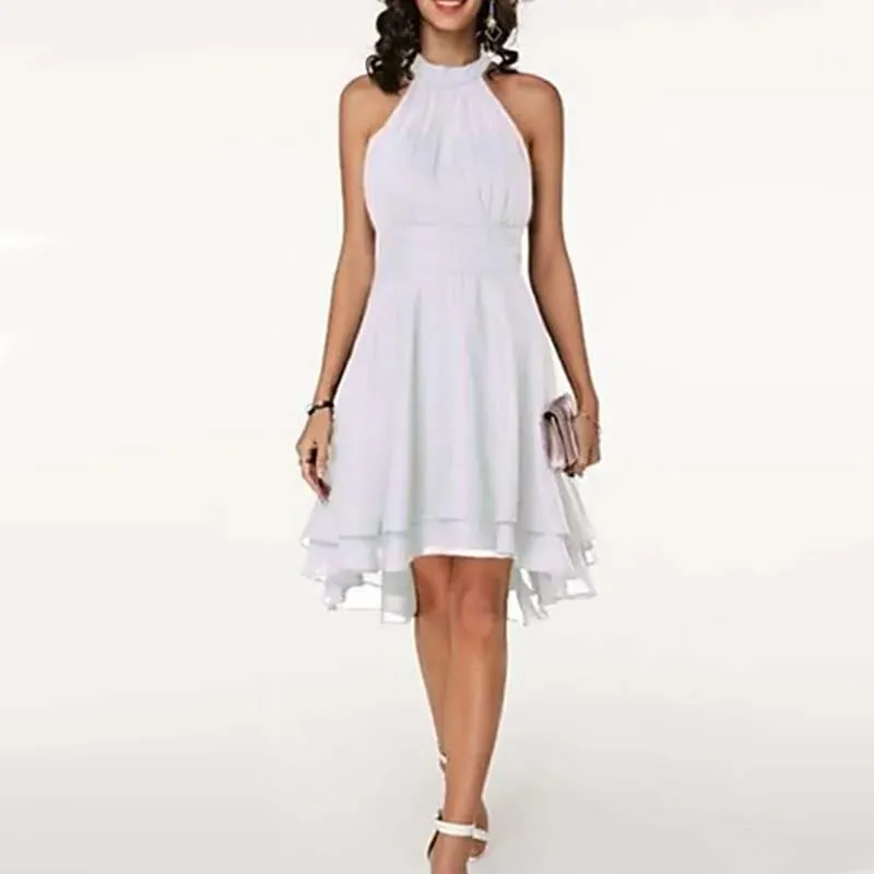 Women Elegant Dress Summer Solid High Waist Halter Sleeveless Midi Dresses Ladies Cropped Layered Chiffon Party Slim Dresses — image 12