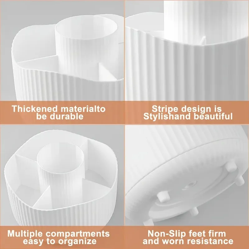 360-Degree Rotating Makeup Organizer 5 Slot Plastic Cosmetic Storage Elegant Stripe Versatile Holder for Brushes Office Supplies — image 4