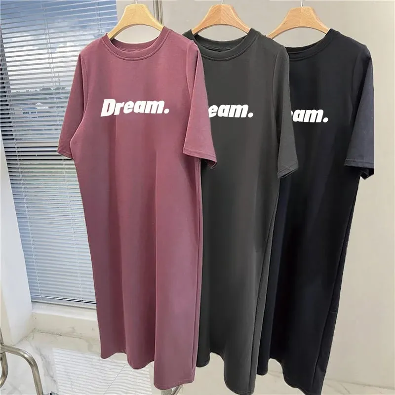 Oversized Dream Letter Print Maxi Tshirt Dress Women Short Sleeve Loose Casual Home Long Dress — image 4