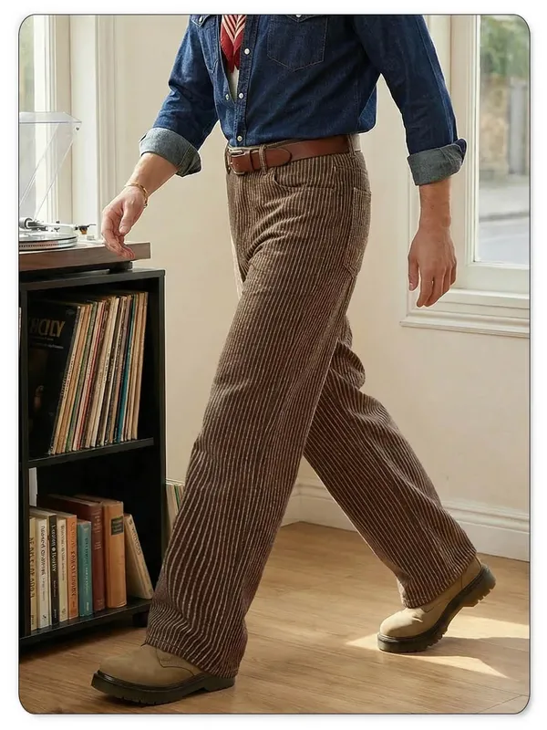 Japanese Korean Vertical Striped Jacquard Wide-leg Jeans British Retro Striped Business Casual Baggy-Fitting Denim Pants — image 6