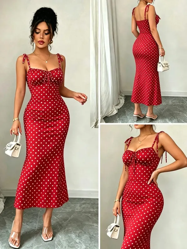 High-Elasticity Red Polka Dot Fishtail Skirt with Shoulder Straps + Chest Ruching for a Strong Waist Cinch Slim Fit Hip-Hugging Vintage Mid-Length Skirt — image 2