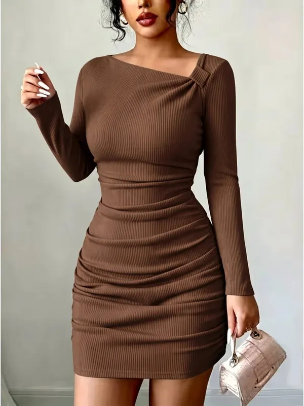 Women's Autumn Casual Elegant Solid Color Dress Mini Skirt Length Long Sleeved Pit Stripe Slanted Collar Fashion — image 5
