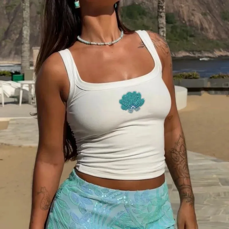 Women Y2k Shiny Glitter Floral Pearl Embroidered Beaded Decor Round Neck Vest Sleeveless Shirts Slim Sheer Crop Tank Tops