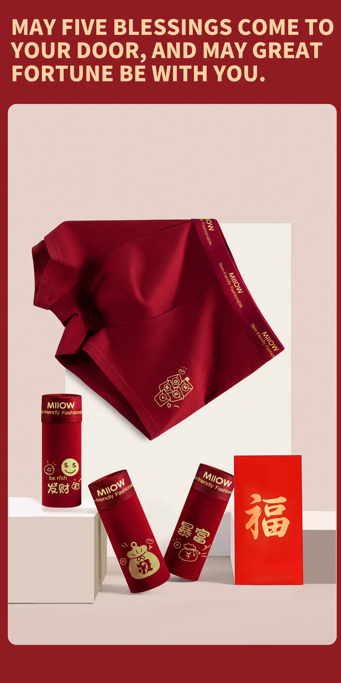 MiiOW 3Pcs Cotton Men Underwear 10A Antibacterial Crotch Men's Panties Breathable Skin-friendly Man Boxers Lucky Red Underpants — image 3