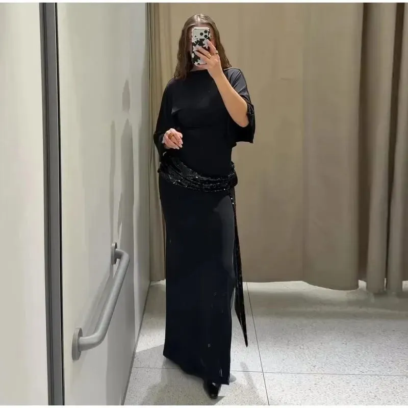Women Backless Sequin Patchwork Maxi Dress Elegant Wide Sleeve Long Gowns Feminine New Fashion Evening Party Daily Robes — image 3