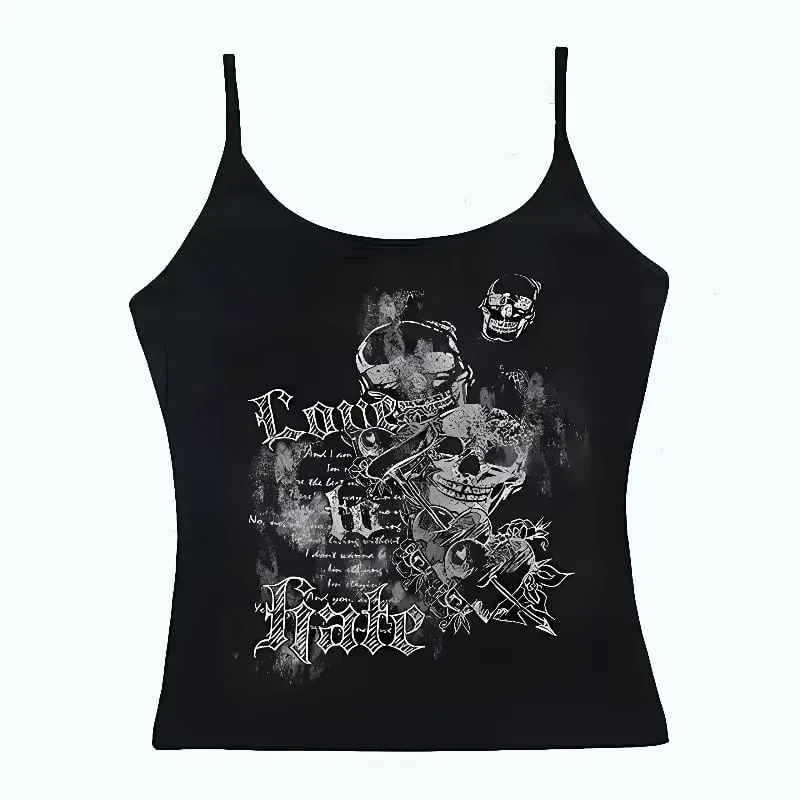 Women Gothic Spider Web Print Cami Tank Top Sleeveless Spaghetti Strap Y2K Slim Cropped Camisole Dark Punk Streetwear Tops