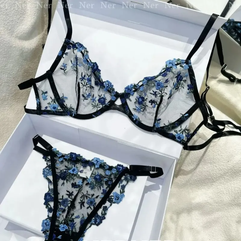 French Elegant Lingerie Set-Floral Embroidery Semi-Transparent Bra & Brief Black Sensual Women's Underwear Luxury Intimates — image 17