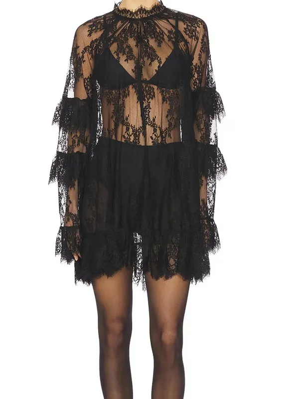 Women See Through Lace Dress Layered Flare Long Sleeve Crew Neck Ruffle Dress for Party Cocktail Club Dress Cover-ups — image 5