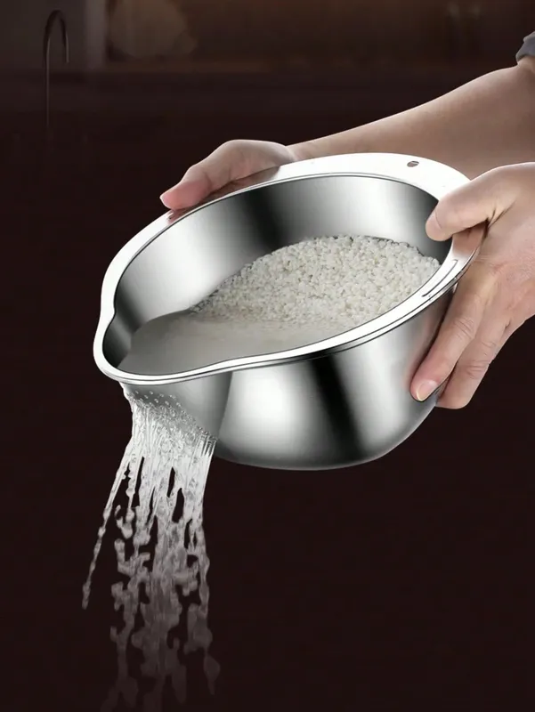 Stainless Steel Rice Washing Bowl with Drain Holes 2-in-1 Vegetable Fruit Strainer Colander Basket for Kitchen Sink — image 9