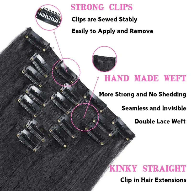 7PCS Kinky Straight Clip ins Hair Extensions Full Head Yaki Straight Seamless Clip in Synthetic Hair Pieces for Women