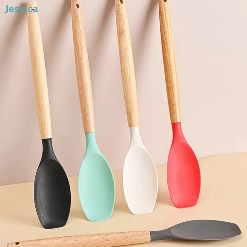 ♥Silicone Cooking Utensils with Wooden Handle – Heat-Resistant Spatula & Spoon for Non-Stick Pans