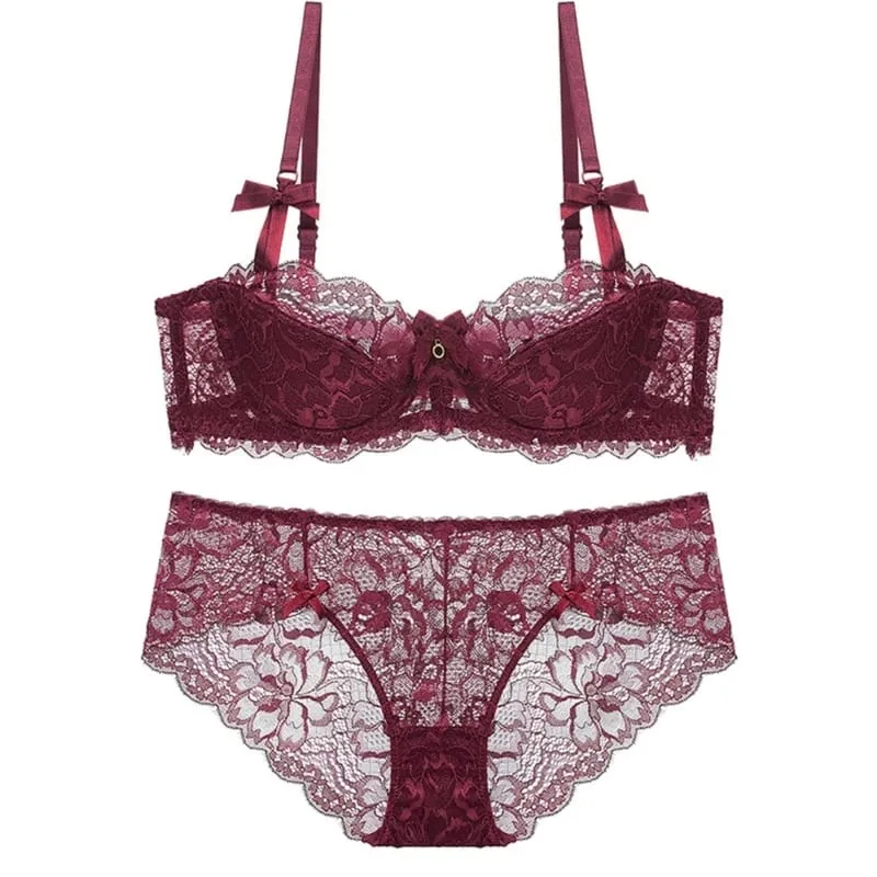 Adjustable Strap Underwire Lingerie Set for Women 2Pcs Floral Lace Bra and Panty