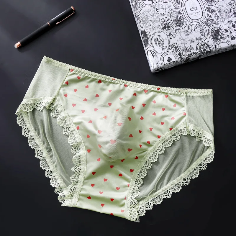 Sexy Lace Mens Briefs 3D Pouch Floral Edge High Elastic Sweet Heart Bow Print Mesh Splicing Underwear — image 21