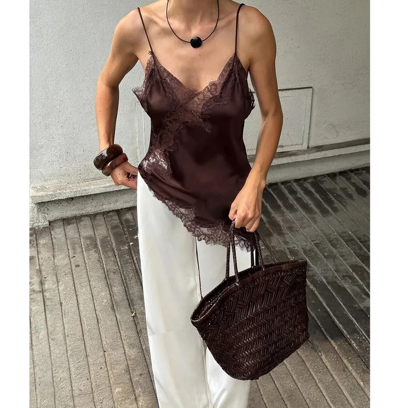 Women Sexy Satin Lace Trim Cami Tops Silk V Neck Spaghetti Strap Tanks Tops Y2k Coquette Loose Going Out Camisoles Streetwear — image 1