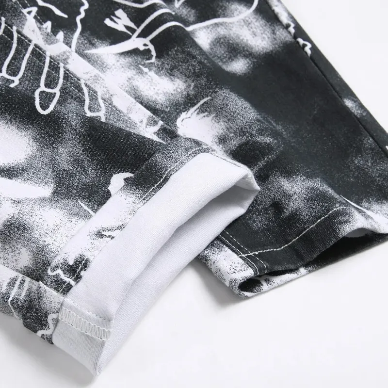 Men Skull Printed Jeans Fashion Devil Hand Pattern Denim Pants Black White Slim Straight Trousers — image 4