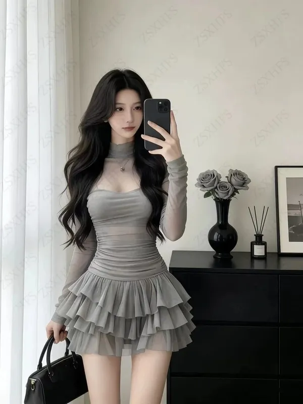 Korea Kawaii Sexy Dresses Punk Aesthetic 2000s Summer Sexy Girl Gentle Dress Chiffon Perspective Trendy Slim Tiered Short Dress — image 3