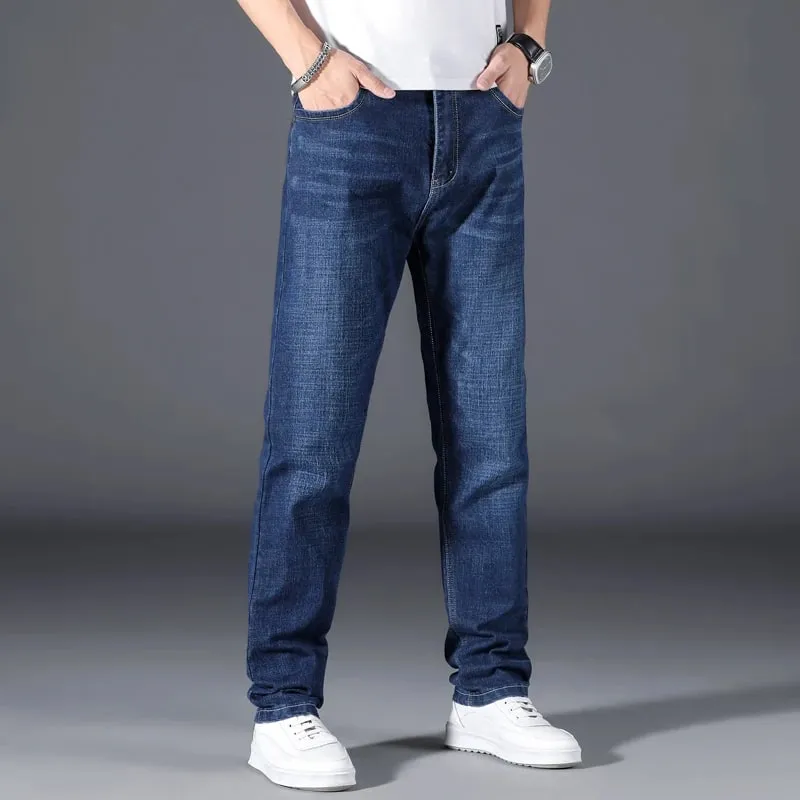 Grande taille 42 44 46 48 50 classique hommes jean ample droit noir bleu jean Stretch affaires pantalon décontracté homme marque pantalon — image 4