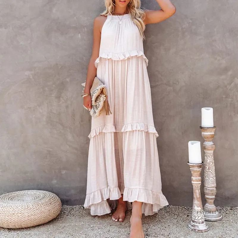 Women Casual Solid Ruffles Long Dress Summer Elegant Sleeveless Sundress Elegant Harajuku Maxi Dress Beach Party Evening Vestido — image 4