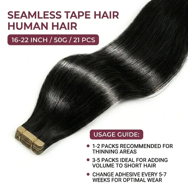 Tape In Hair Extensions Human Hair 16-24 Inch Seamless Invisible Remy Hair Extensions Tape Ins For Women Brazilian Natural Black 21Pcs 50g 100% Human Hair — image 10