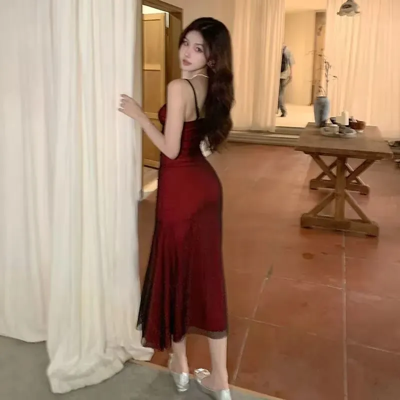 Abito lungo con corsetto aderente senza maniche da donna francese, cinturino per spaghetti rosso vino, elegante abito da sera lungo vintage — image 3