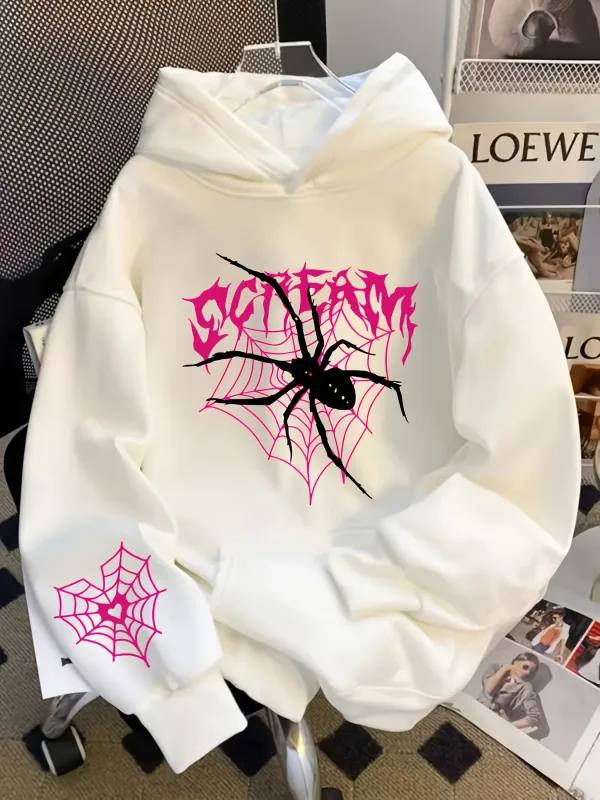Men's Gothic Spider Print Hoodie Hip Hop Sports Casual Streetwear Pink Graffiti Pullover Sweatshirt Tops — image 2