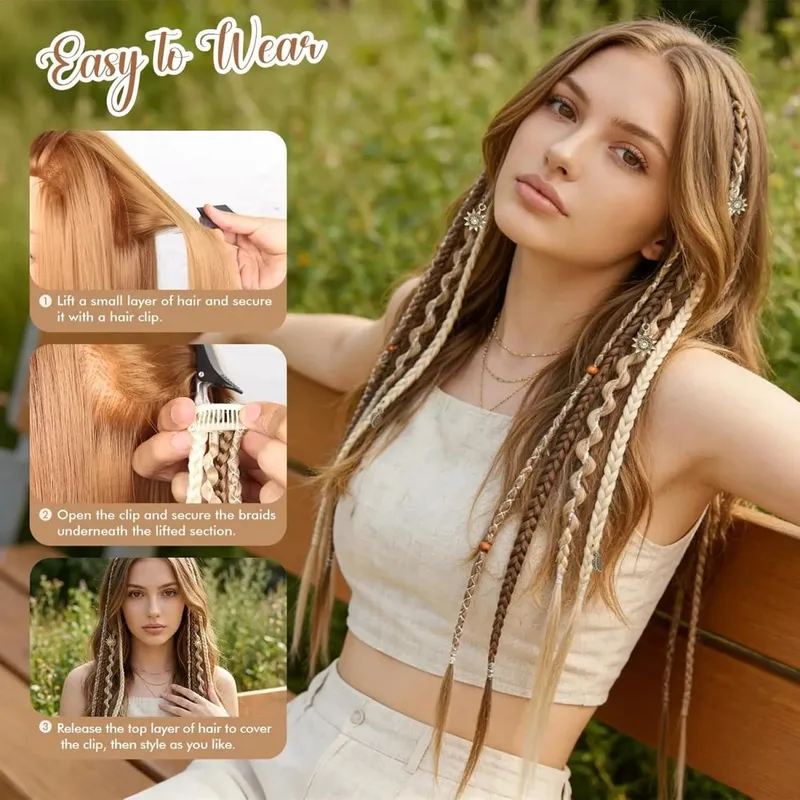 Clip in Braid Hair Extensions for Women 20" Boho Dreadlock Clip in Braids with Beads & Charms 2PCS Synthetic Braided Hairpiece — image 6