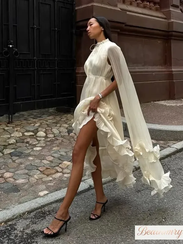 Solid Multi-layer Ruffled Maxi Dress Women's Elegant Sleeveless Off-shoulder High Waist Dresses 2026 Vacation Female Clothing — image 6