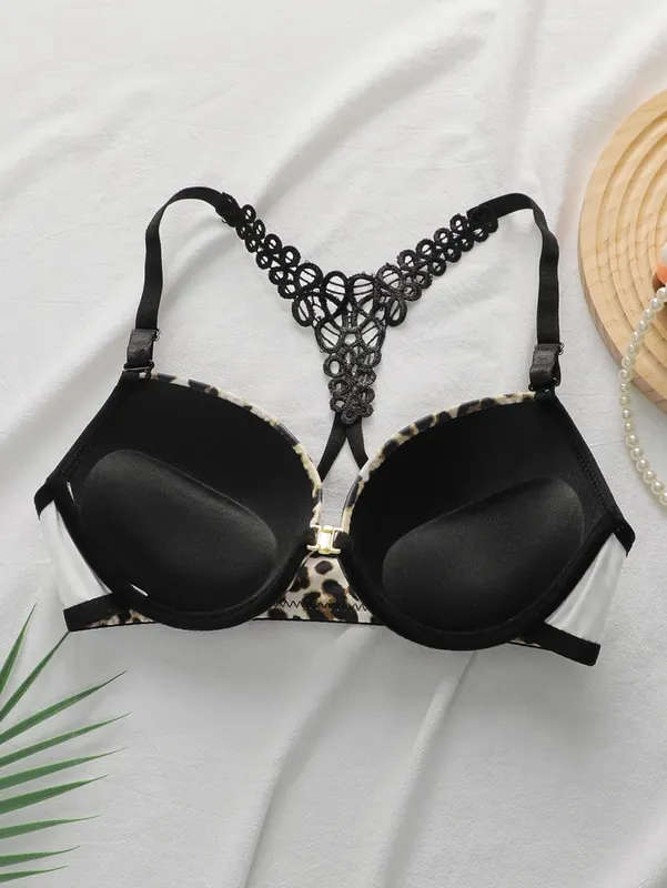 Leopard Print Front Closure Bra Set with Underwire Push Up Lingerie Set for Women Sexy Lace Bralette and Panty Two Piece Outfit — image 4
