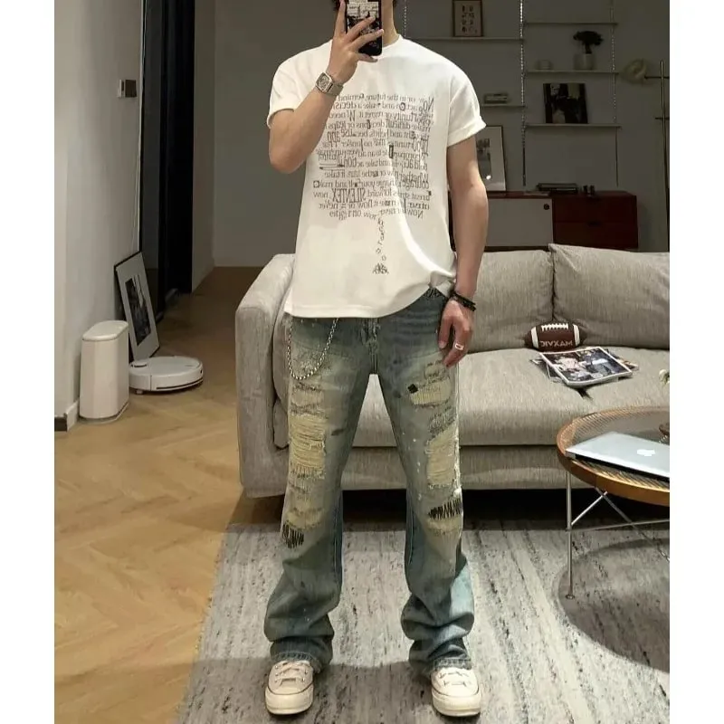 Men's Jeans High Street Vintage Distressed Ripped Faded Man Pants Blue Straight Denim Trousers Embroidery Design Bootcut — image 1
