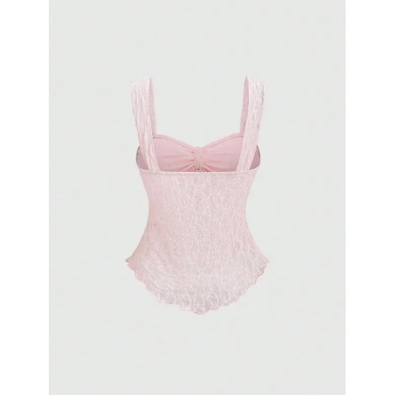 French soft pure aesthetic women cropped camisole solid lace jacquard fabric bow ornament waist cinched versatile sleeveless inn — image 3
