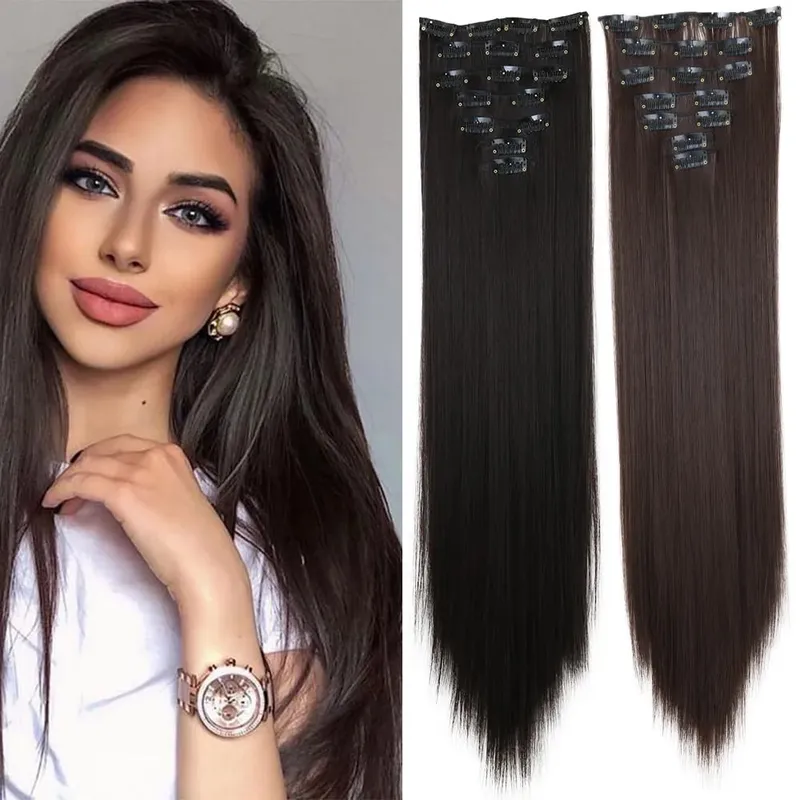 7Pcs 16 Clips Clip In Hair Extensions 150g Long Straight Synthetic Hair Pieces For Women Natural Black Brown Highlight Blonde — image 2