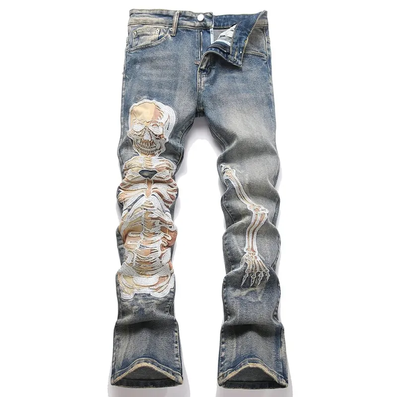 Men's Skull Boot Cut Denim Jeans Vintage Blue Devil Embroidery Stretch Pants Slim Flared Trousers