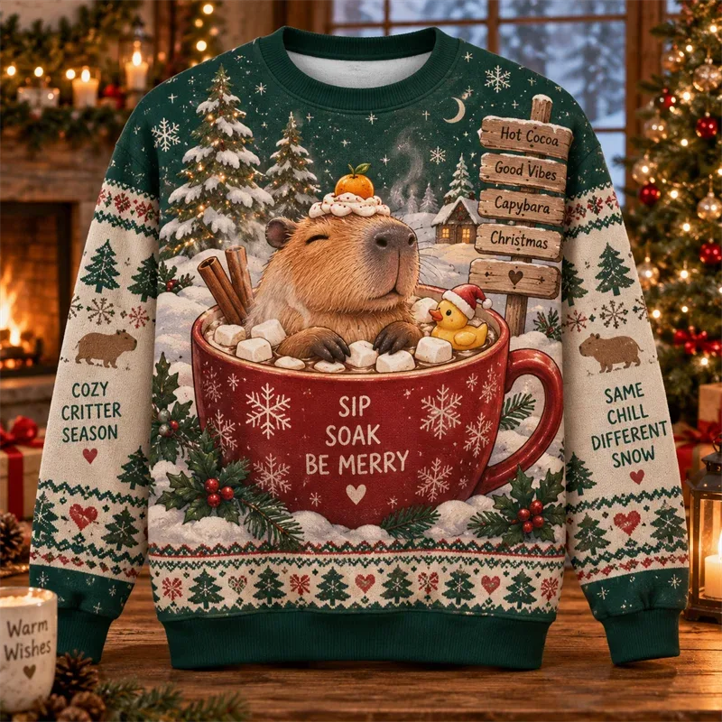 Capybara Christmas Sweater Funny Animal Holiday Graphic Crewneck Xmas Pullover Winter Party Gift Casual Streetwear Festive Top