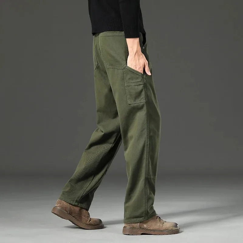 High Quality Spring New Style Straight Loose Men's Casual Pants Rivet Splicing Safari Style Cotton Trousers Army Green Jeans — image 3