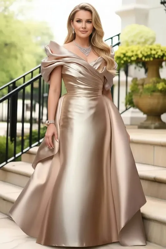 Plus Size Satin Evening Dress for Women's Off Shoulder Puff Sleeve Solid Elegant Cocktail Wedding Guest Maxi Dresses — image 1