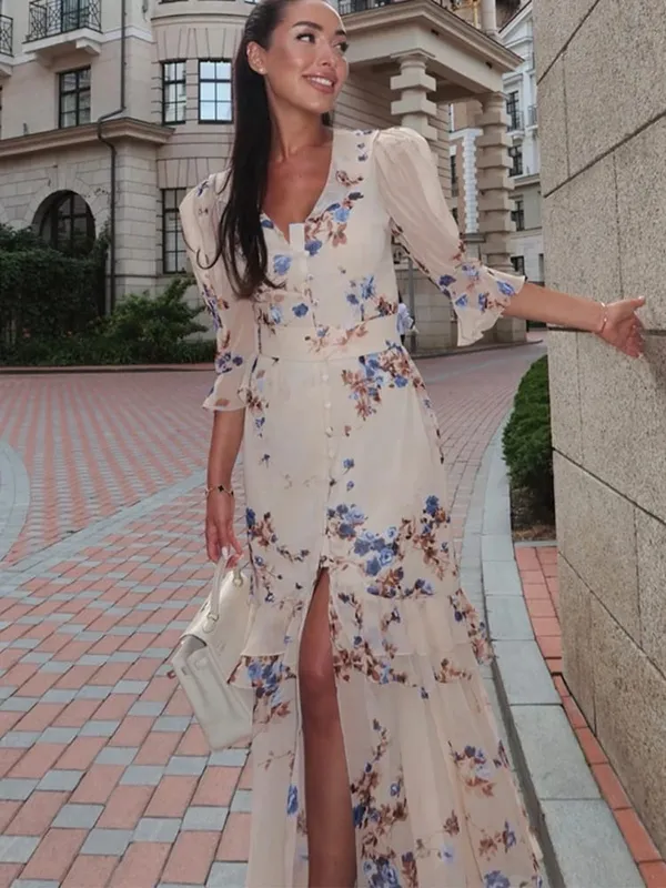 Women Chic Pink Floral Print Maxi Vestido Elegant V Neck Ruffle Trim Flare Sleeve Ruched High Chiffon Dress 2026 Party Outfit — image 10