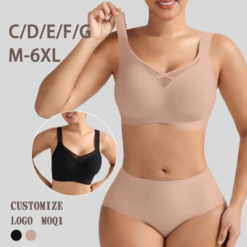 Plus Size Lingerie Set Sexy Mesh Seamless Wireless Plunge Bra Set - Soft Support Push up Lingerie for Women — image 2