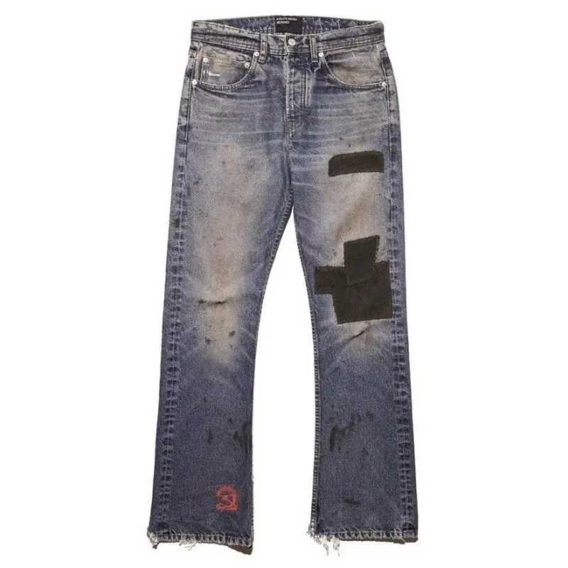 Mens Flared Jeans Harajuku Vintage Washed Denim Pants Distressed Patchwork Corduroy Slim Fit Casual Streetwear Unisex New Spring — image 3