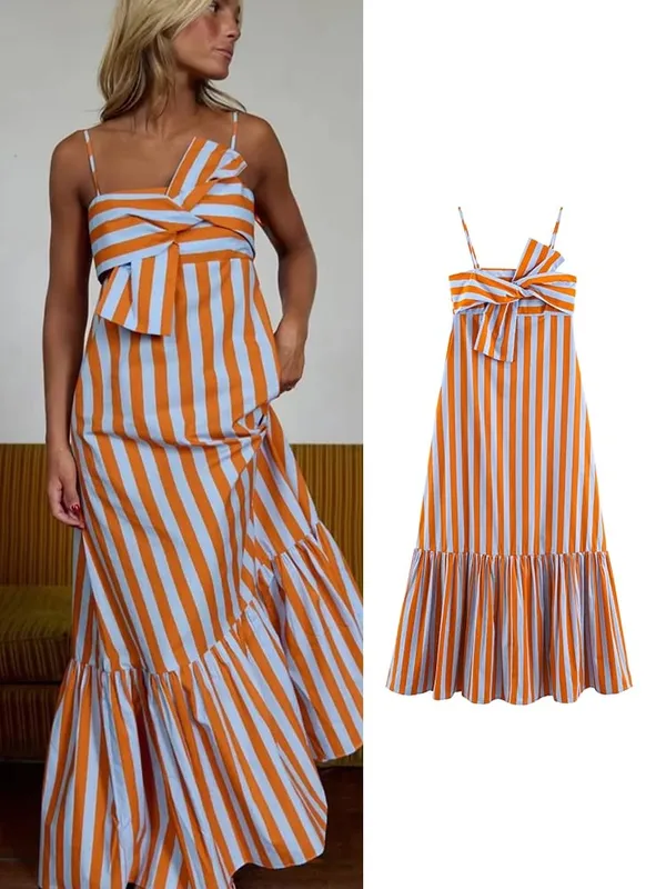 Fashion Women Stripes Print Sling Dress Sleeveless Bow Front Loose Fit Backless Long Dresses Chic Lady Holiday Robe — image 1